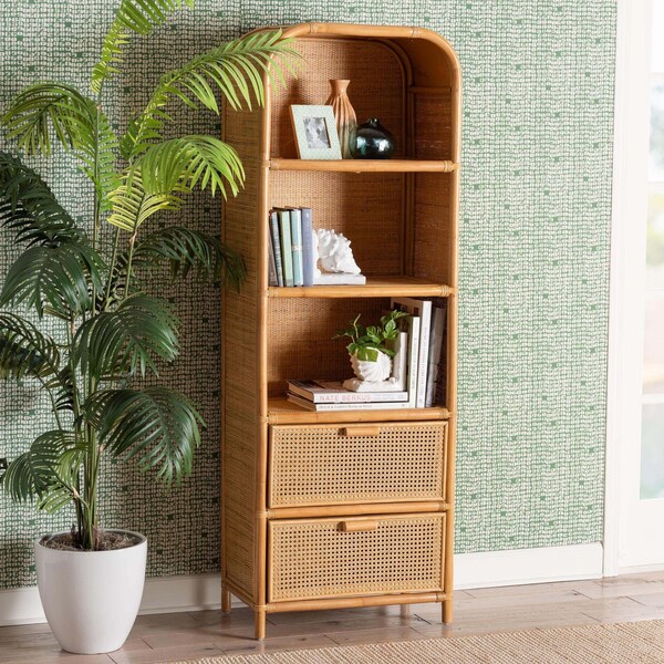 Bali & Pari Curacao Modern Bohemian Light Honey Rattan 2-Drawer Bookcase - 243-13570-ZORO