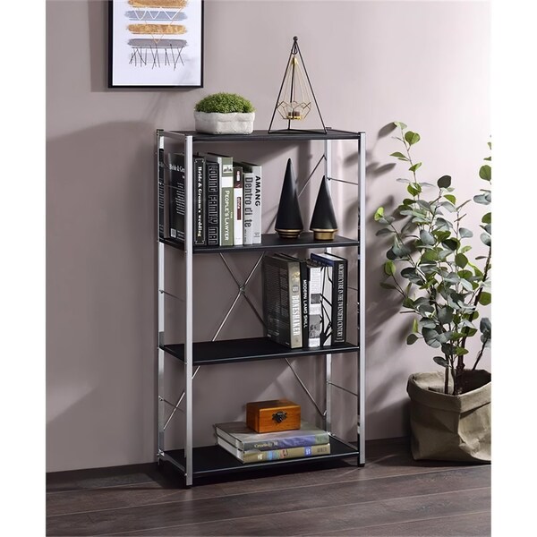 Acme Wooden 4-Shelf Bookshelf with Metal Frame in Black and Chrome - ER-023BK