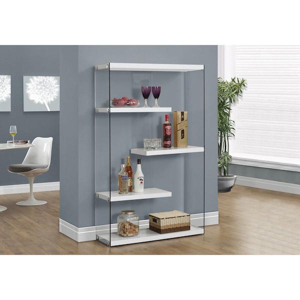 Monarch Specialties Bookshelf, Bookcase, Etagere, 5 Tier, 60"H, Office, Bedroom, Tempered Glass, Glossy White, Clear - I 3290