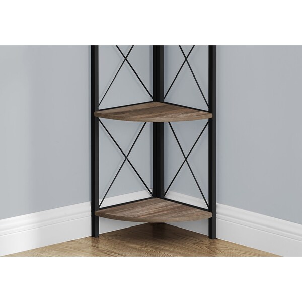 Monarch Specialties Bookshelf, Bookcase, Etagere, Corner, 4 Tier, 60"H, Office, Bedroom, Metal, Laminate, Brown, Black - I 3646