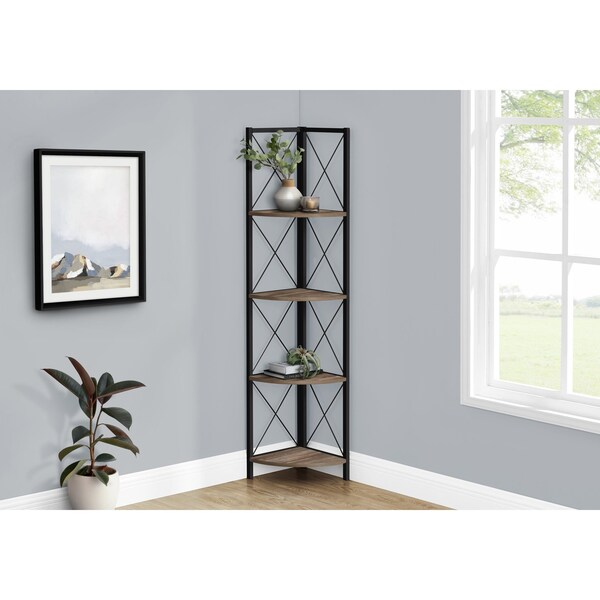 Monarch Specialties Bookshelf, Bookcase, Etagere, Corner, 4 Tier, 60"H, Office, Bedroom, Metal, Laminate, Brown, Black - I 3646