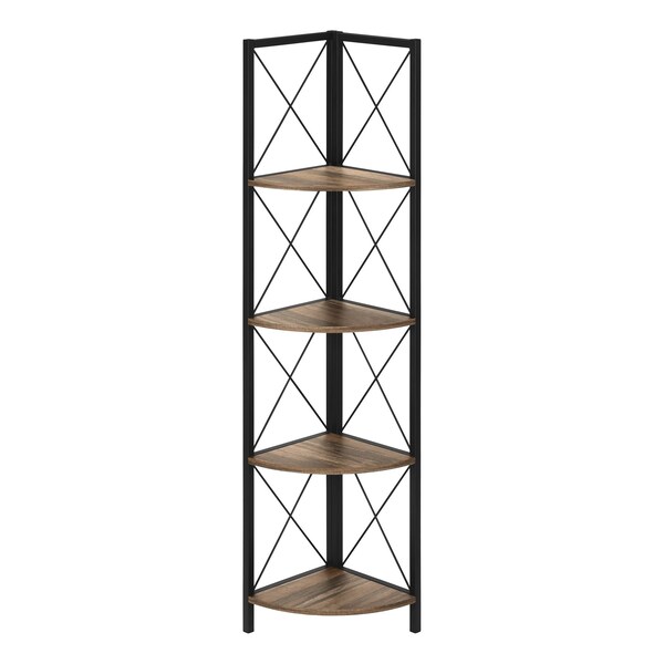 Monarch Specialties Bookshelf, Bookcase, Etagere, Corner, 4 Tier, 60"H, Office, Bedroom, Metal, Laminate, Brown, Black - I 3646