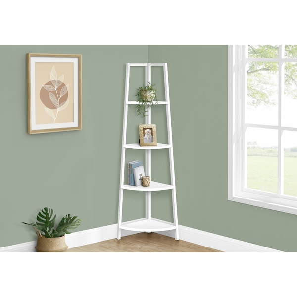 Monarch Specialties Bookshelf, Bookcase, Etagere, Corner, 4 Tier, 60 in.H, Office, Bedroom, White Laminate, White Metal - I 3665