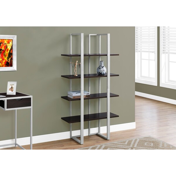 Monarch Specialties Bookshelf, Bookcase, Etagere, 4 Tier, 60"H, Office, Bedroom, Metal, Laminate, Brown, Grey - I 7239