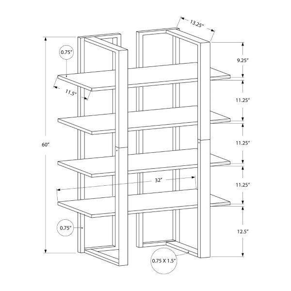 Monarch Specialties Bookshelf, Bookcase, Etagere, 4 Tier, 60"H, Office, Bedroom, Metal, Laminate, Brown, Grey - I 7239
