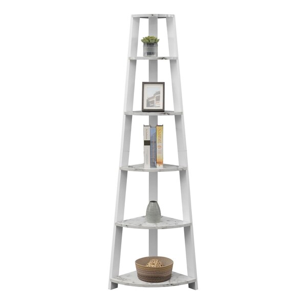 Convenience Concepts Newport 5 Tier Corner Bookshelf, White Faux Marble & White - HI3374753