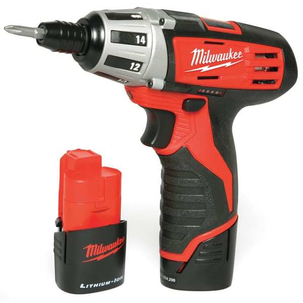 Milwaukee Tool M12 1/4" Hex Screwdriver, (2) CP 1.5 Batteries, M12 Battery Charger, Storage Bag - 2401-22