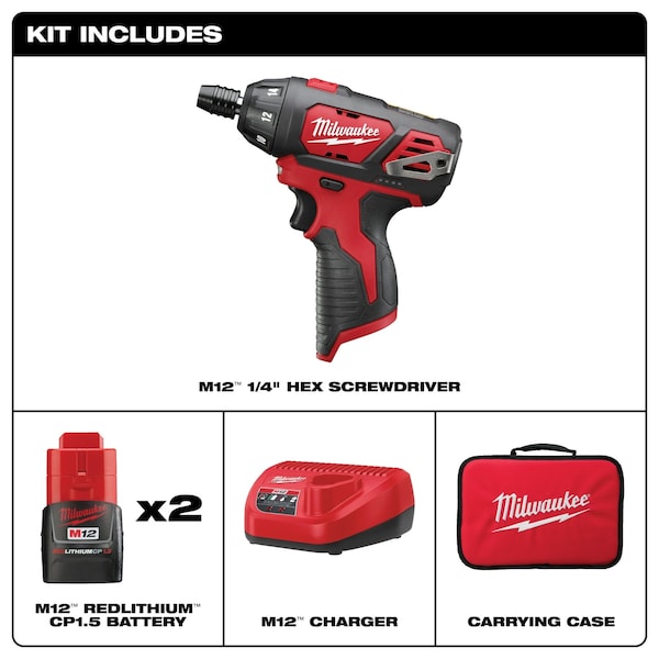 Milwaukee Tool M12 1/4" Hex Screwdriver, (2) CP 1.5 Batteries, M12 Battery Charger, Storage Bag - 2401-22