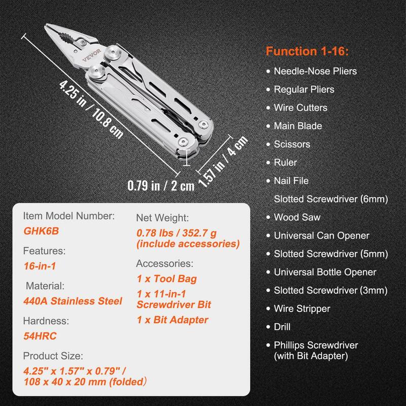 VEVOR 16 in. 1 Multitool Pliers, Multi Tool Pliers, Cutters, Knife, Scissors, Ruler, Screwdrivers, Wood Saw, Can Bottle Opener - DGNQ420BXG16O8DCKV0