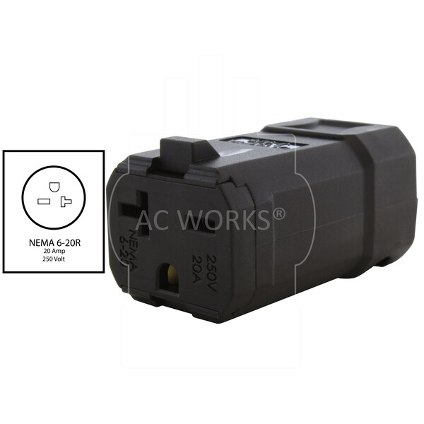Ac Works NEMA 6-20R 20A 250V Clamp Style Square Connector with UL, C-UL Approval in Black - ASQ620R-BK