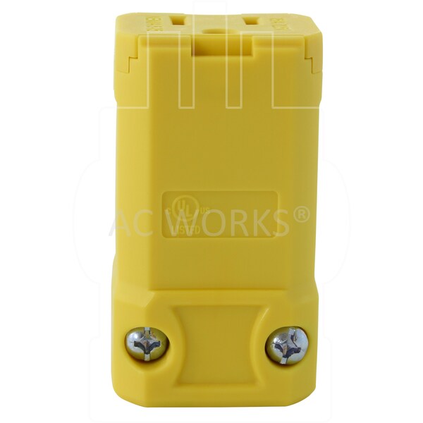 Ac Works NEMA 5-15R 15A 125V Clamp Style Square Household Female Connector with UL, C-UL Approval in Yellow - ASQ515R-YW