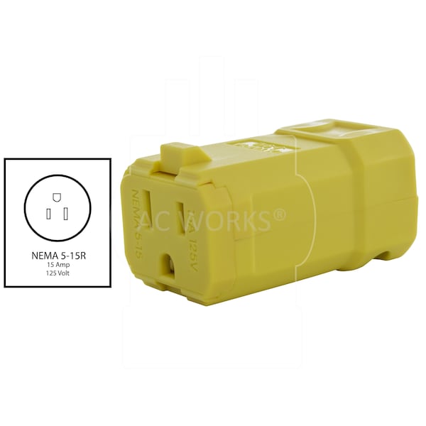 Ac Works NEMA 5-15R 15A 125V Clamp Style Square Household Female Connector with UL, C-UL Approval in Yellow - ASQ515R-YW