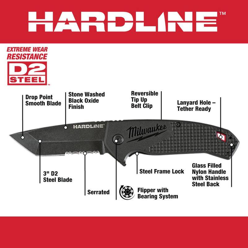 Milwaukee 3 in. Hardline D2 Steel Smooth Blade Pocket Folding Knife & 3 in. Hardline D2 Steel Serrated Blade Pocket Folding Knife - 48-22-1994-48-22-1998