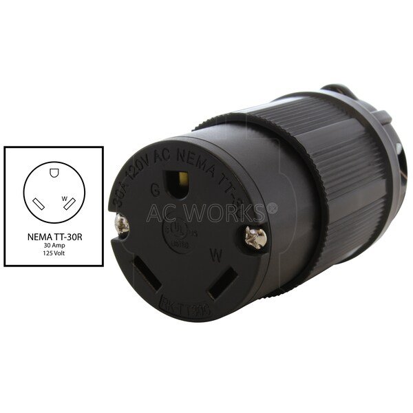 Ac Works 30 Amp RV Travel Trailer NEMA TT-30R Straight-Style Replacement Female Connector - ASTT30R-S