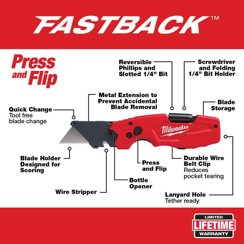 Milwaukee FASTBACK 6-in-1 Folding Utility Knife and 25 ft. Compact Auto Lock Tape Measure - 48-22-1505-48-22-6825