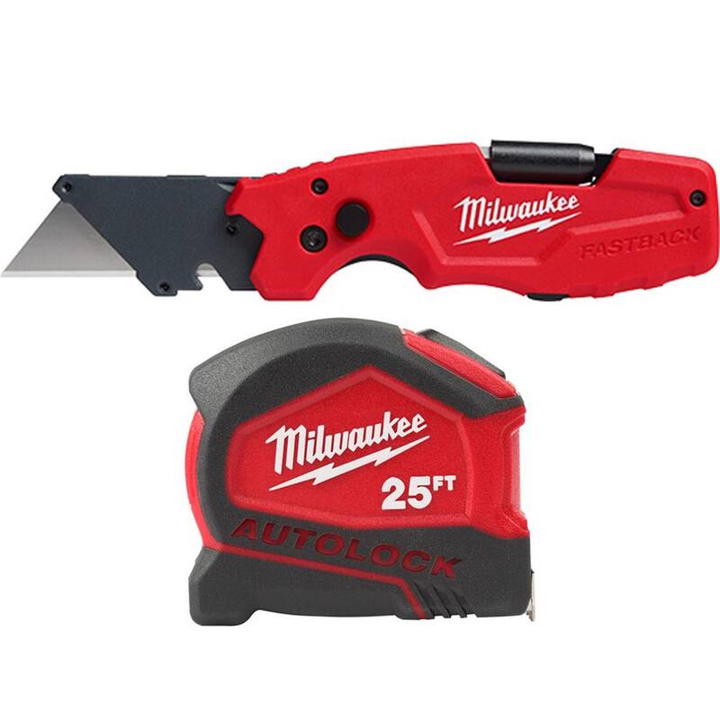 Milwaukee FASTBACK 6-in-1 Folding Utility Knife and 25 ft. Compact Auto Lock Tape Measure - 48-22-1505-48-22-6825