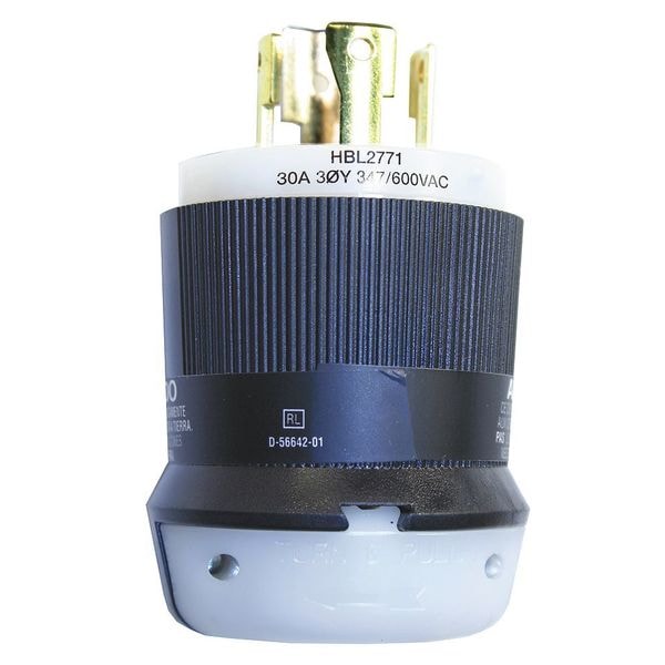 Hubbell 30A Twist-Lock Plug 4P 4W 347/600VAC L20-30P BK/WT - HBL2771