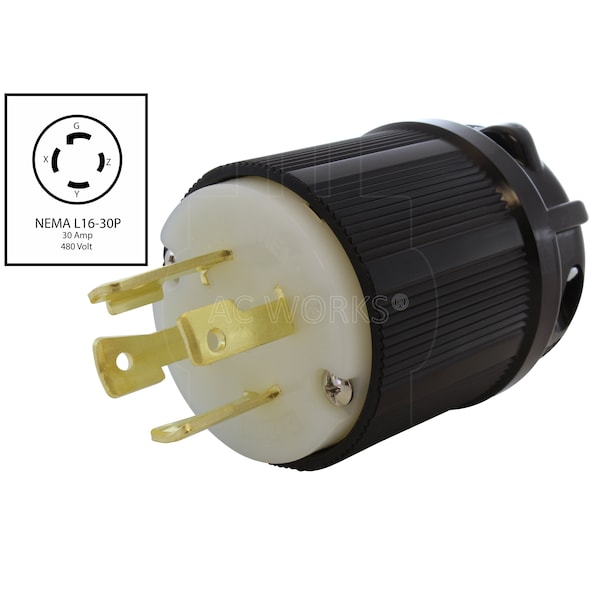 Ac Works NEMA L16-30P 3-Phase 30A 480V 4-Prong Locking Male Plug with UL, C-UL Approval in Black - ASL1630P-BK
