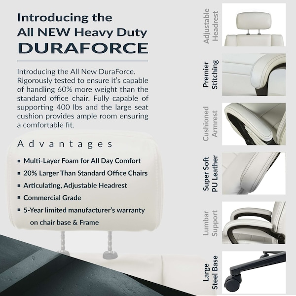 Regency DuraForce Big & Tall Ergonomic Executive Office Chair, 400 lbs Support, Cream - DUR001CR