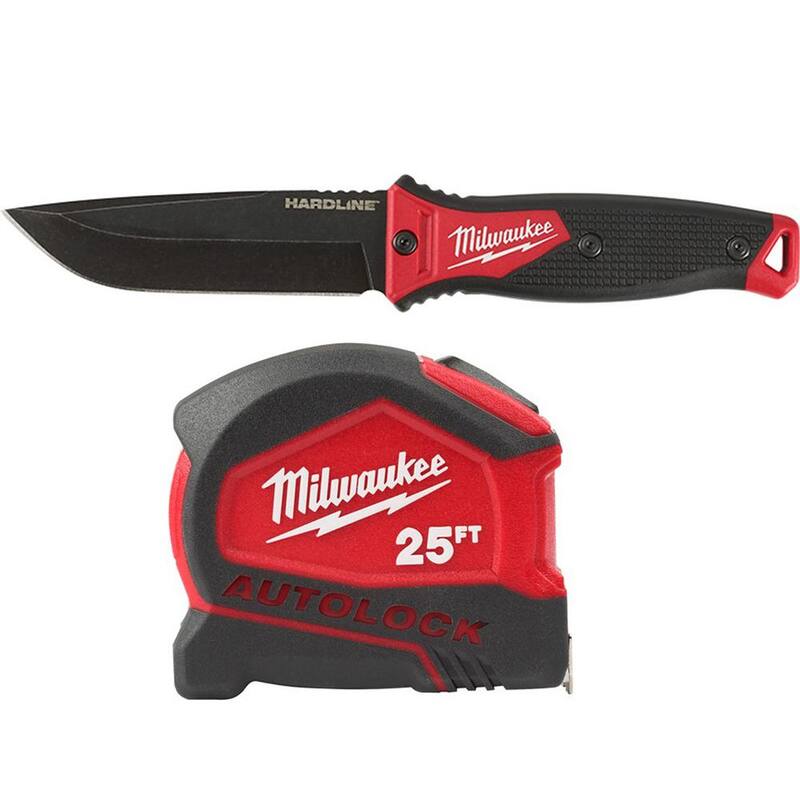 Milwaukee 5 in. Hardline AUS-8 Steel Fixed Blade Knife with 25 ft. Compact Auto Lock Tape Measure (2-Piece) - 48-22-1928-48-22-6825