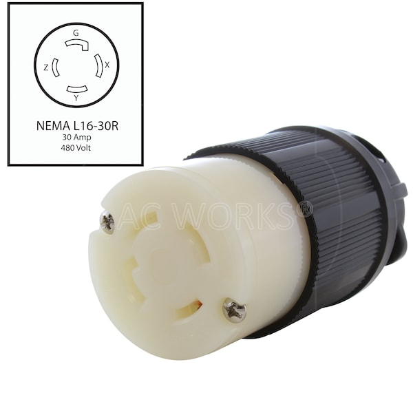 Ac Works NEMA L16-30R 3-Phase 30A 480V 4-Prong Locking Female Connector with UL, C-UL Approval in Black - ASL1630R-BK