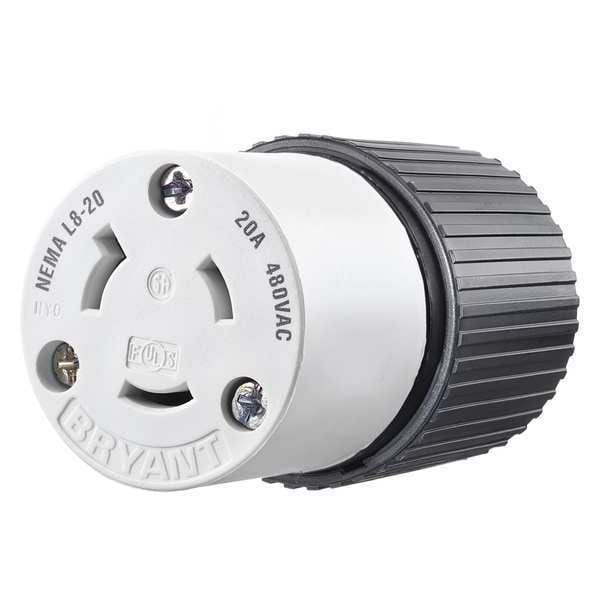 Zoro Select Locking Connector Black/White 480VAC 20A L8-20R - 70820NC