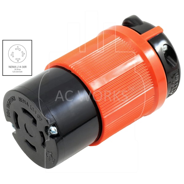Ac Works NEMA L14-30R 30A 125/250V 4-Prong Locking Female Connector with UL C-UL Listing in Orange - ASL1430R
