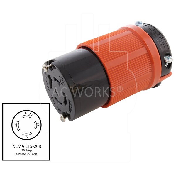 Ac Works L15-20R 20A 250V 3-Phase 4-Prong Locking Female Connector with UL, C-UL in Orange - ASL1520R