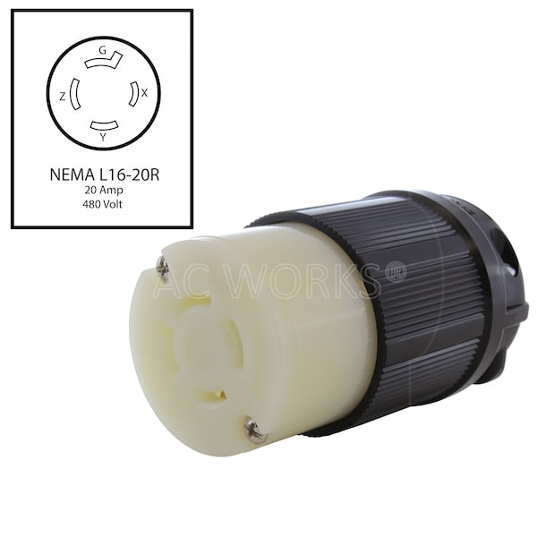 Ac Works NEMA L16-20R 3-Phase 20A 480V 4-Prong Locking Female Connector with UL, C-UL Approval in Black - ASL1620R-BK