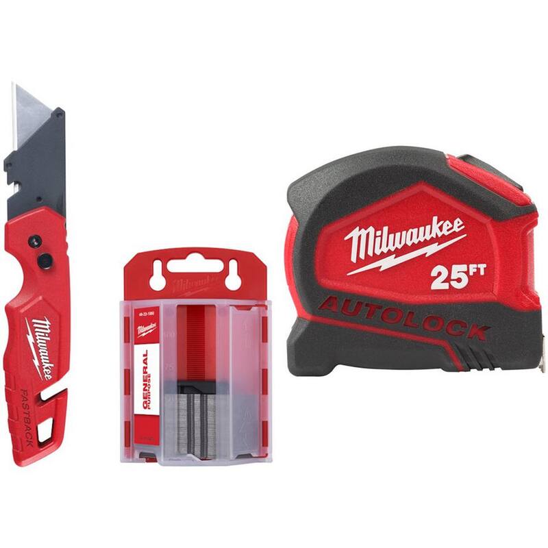 Milwaukee FASTBACK Folding Utility Knife with Blade Storage and 50-Pack General Purpose Utility Blade Set w/25 ft. Tape Measure - 48-22-1504-48-22-6825