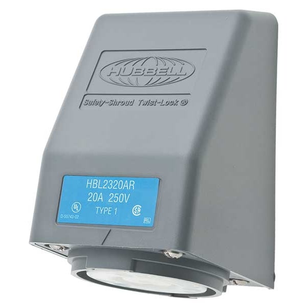 Hubbell 20A Angle Twist-Lock Receptacle 2P 3W 250VAC L6-20R GY - HBL2320AR
