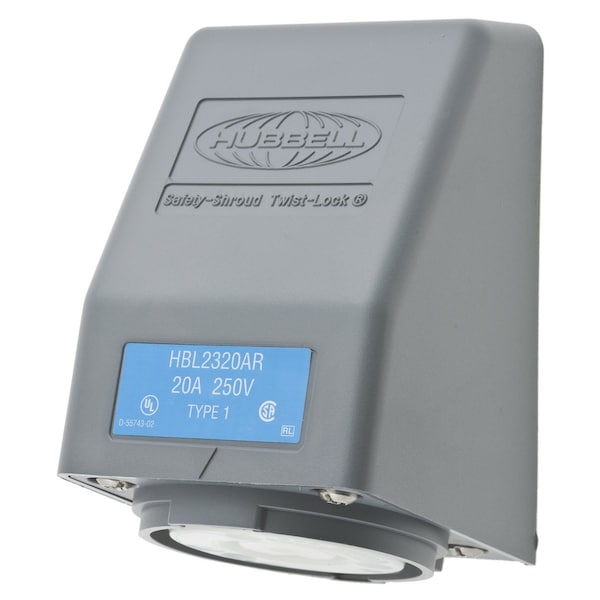 Hubbell 20A Angle Twist-Lock Receptacle 2P 3W 250VAC L6-20R GY - HBL2320AR