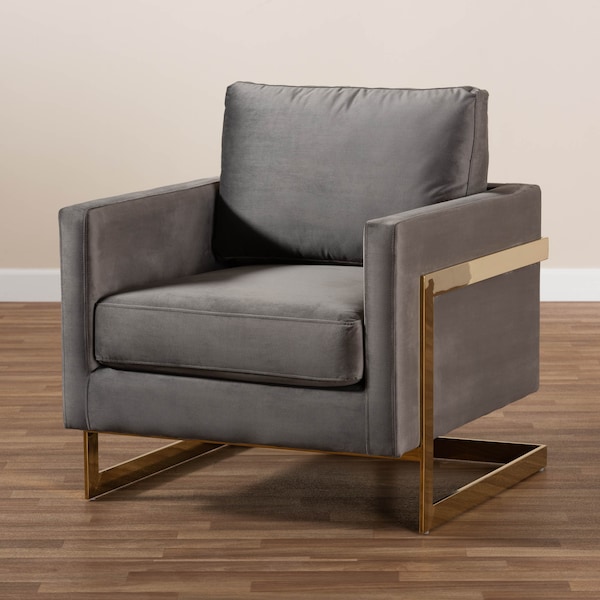 Baxton Studio Matteo Grey Velvet Upholstered Gold Finished Armchair - 156-9783