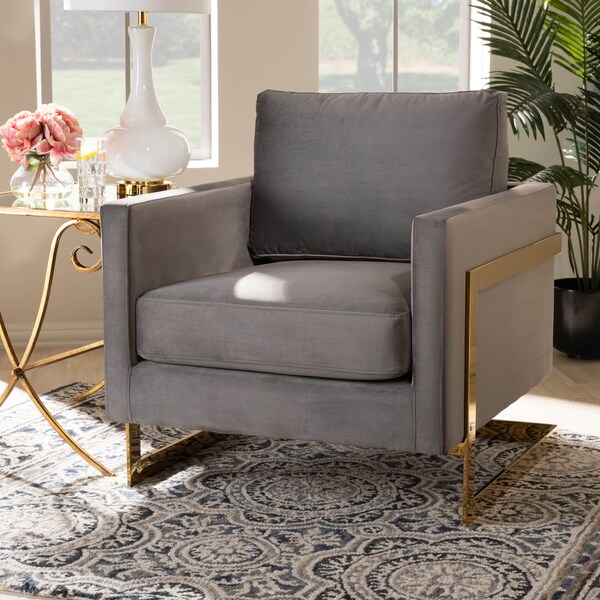 Baxton Studio Matteo Grey Velvet Upholstered Gold Finished Armchair - 156-9783