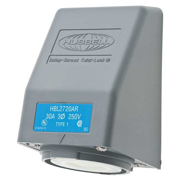 Hubbell 30A Angle Twist-Lock Receptacle 3P 4W 250VAC L15-30R GY - HBL2720AR