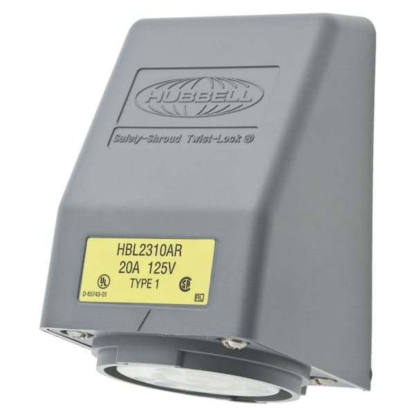 Hubbell 20A Angle Twist-Lock Receptacle 2P 3W 125VAC L5-20R GY - HBL2310AR