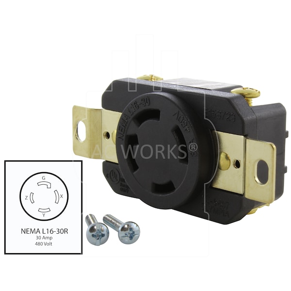 Ac Works 30A, 480V, 3-Phase NEMA L16-30R Flush Mount Locking Industrial Grade Receptacle - FML1630R