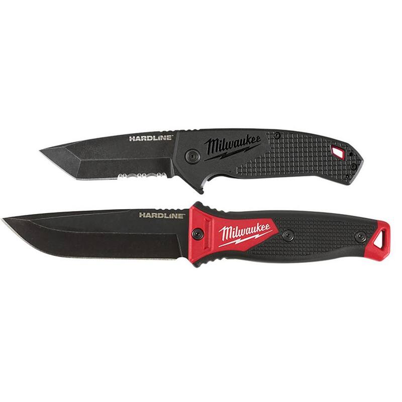 Milwaukee 3 in. Hardline D2 Steel Serrated Blade Pocket Folding Knife and 5 in. Hardline AUS 8 Steel Fixed Blade Knife (2-Piece) - 48-22-1998-48-22-1928