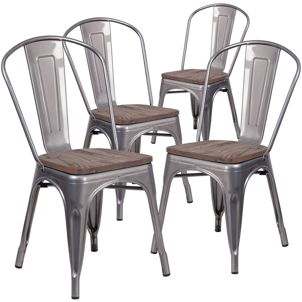 Flash Furniture Clear Coated Metal Stackable Chair with Wood Seat - 4-XU-DG-TP001-WD-GG