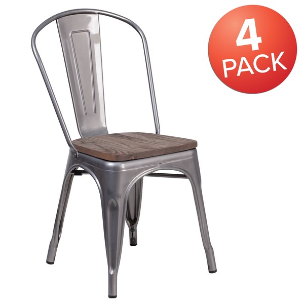 Flash Furniture Clear Coated Metal Stackable Chair with Wood Seat - 4-XU-DG-TP001-WD-GG