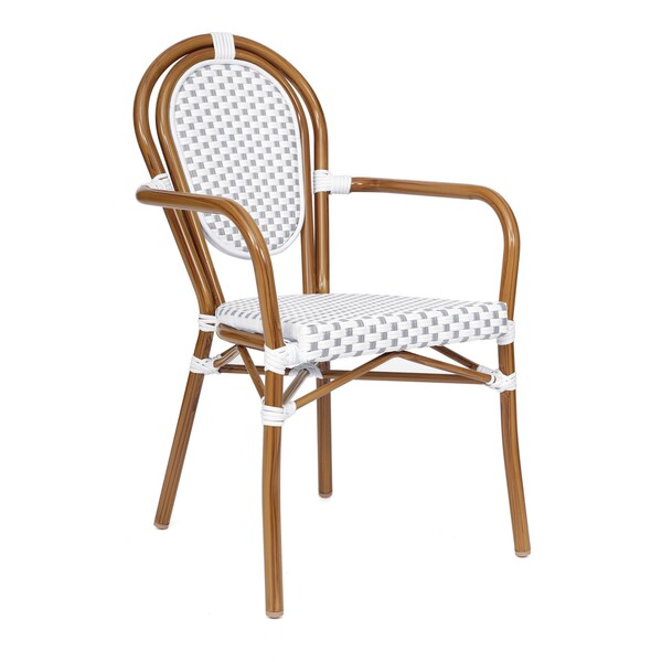 Flash Furniture Lourdes Thonet French Bistro Stacking Chair w/Arms, White/Gray PE Rattan/Bamboo Print Alum Frame - SDA-AD642002A-WHGY-NAT-GG