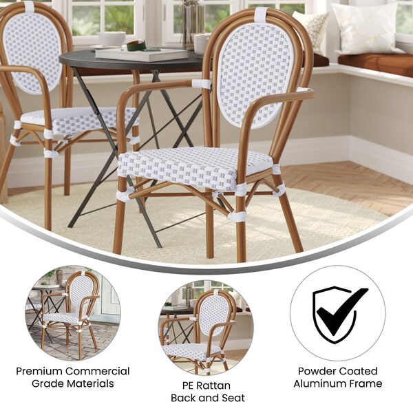 Flash Furniture Lourdes Thonet French Bistro Stacking Chair w/Arms, White/Gray PE Rattan/Bamboo Print Alum Frame - SDA-AD642002A-WHGY-NAT-GG