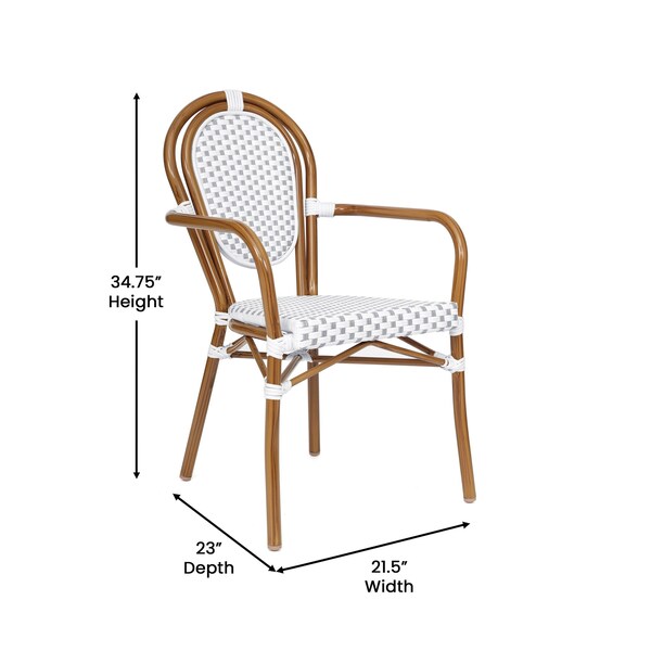 Flash Furniture Lourdes Thonet French Bistro Stacking Chair w/Arms, White/Gray PE Rattan/Bamboo Print Alum Frame - SDA-AD642002A-WHGY-NAT-GG
