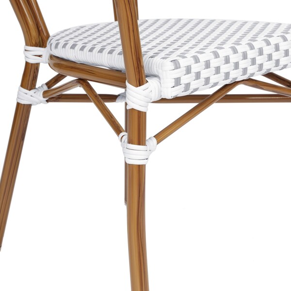 Flash Furniture Lourdes Thonet French Bistro Stacking Chair w/Arms, White/Gray PE Rattan/Bamboo Print Alum Frame - SDA-AD642002A-WHGY-NAT-GG