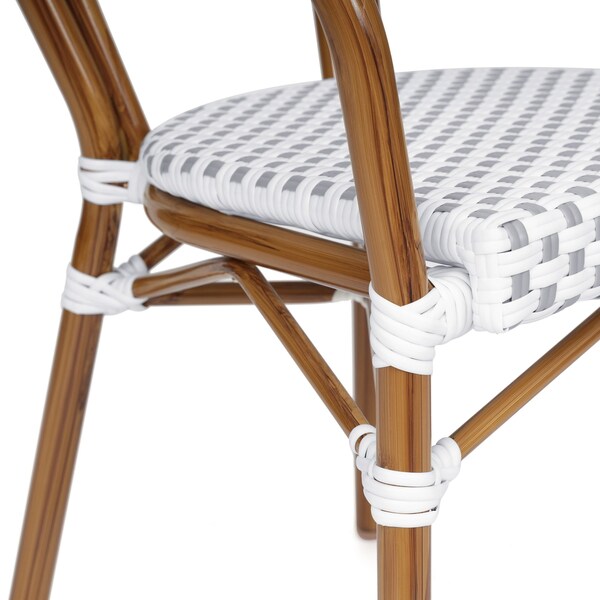 Flash Furniture Lourdes Thonet French Bistro Stacking Chair w/Arms, White/Gray PE Rattan/Bamboo Print Alum Frame - SDA-AD642002A-WHGY-NAT-GG