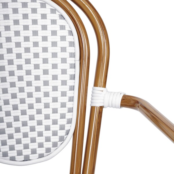 Flash Furniture Lourdes Thonet French Bistro Stacking Chair w/Arms, White/Gray PE Rattan/Bamboo Print Alum Frame - SDA-AD642002A-WHGY-NAT-GG