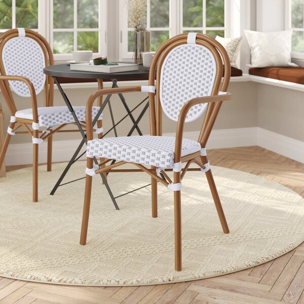 Flash Furniture Lourdes Thonet French Bistro Stacking Chair w/Arms, White/Gray PE Rattan/Bamboo Print Alum Frame - SDA-AD642002A-WHGY-NAT-GG