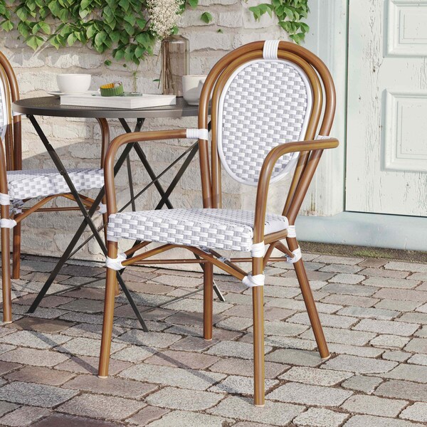 Flash Furniture Lourdes Thonet French Bistro Stacking Chair w/Arms, White/Gray PE Rattan/Bamboo Print Alum Frame - SDA-AD642002A-WHGY-NAT-GG