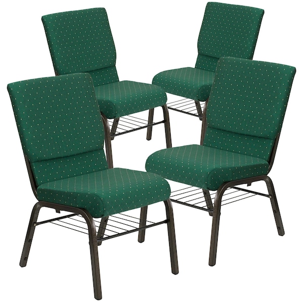 Flash Furniture 18.5"W Church Chair in Green Fabric with Book Rack, 4PK - 4-XU-CH-60096-GN-BAS-GG