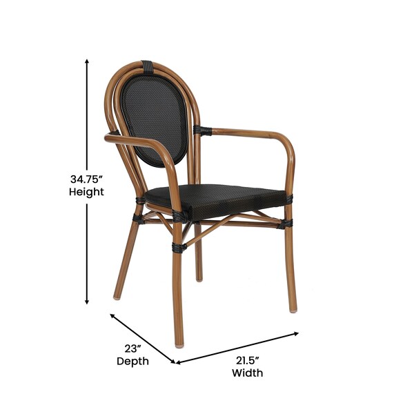 Flash Furniture Marseille Thonet French Bistro Stacking Chair w/Arms, Black Textilene and Bamboo Print Alum Frame - SDA-AD642002A-TXT-BK-NAT-GG